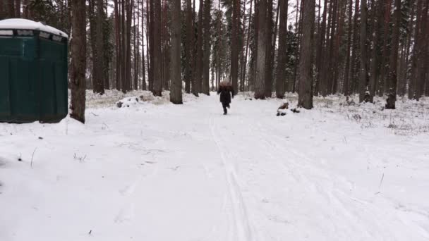 Chica Corriendo Bosque Invierno — Vídeo de stock