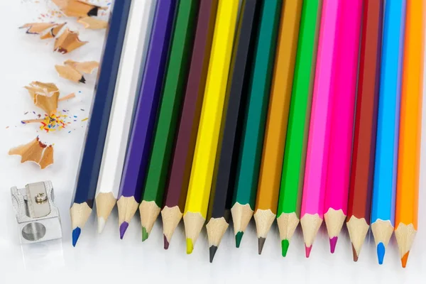 Pencil Sharpener Color Pencils Row — Stock Photo, Image