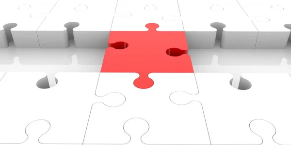 Rotes Puzzleteil Der Mitte Der Puzzlereihe — Stockfoto