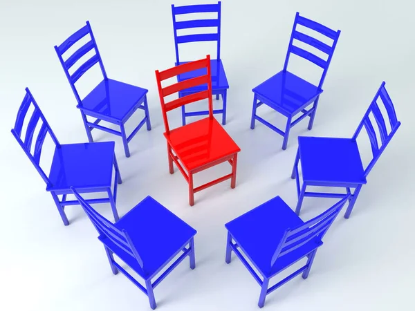 Circle of blue chairs with red chair concept in the middle