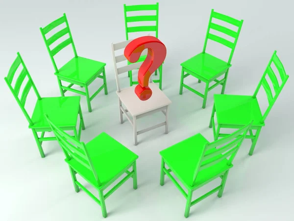 Circle of green chairs with question mark concept in the middle