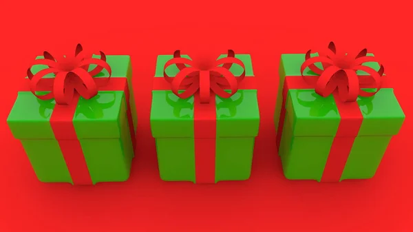 Drei Geschenkboxen Grün Auf Rot — Stockfoto