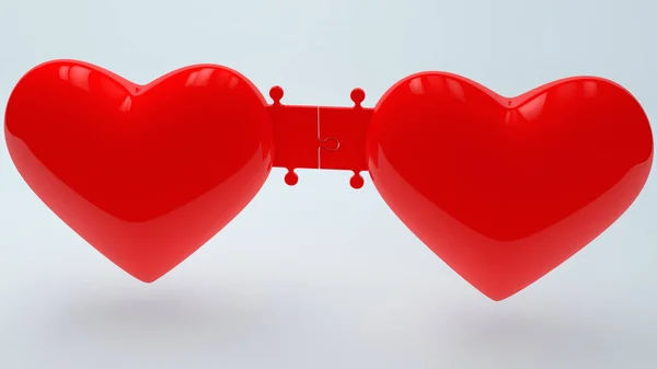 Två Röda Hjärtan Ansluten Med Pusselbitar — Stockfoto