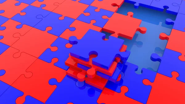 Koncept Ještě Nedokončeného Puzzle Červené Modré Barvě — Stock fotografie