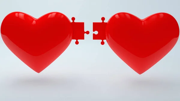 Concept Two Red Hearts Puzzle Pieces White Background — Stock Photo, Image