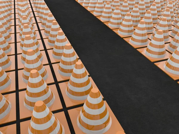 Rows of traffic cones on black