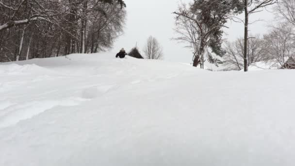 Linda Chica Trineo Abajo Colina Nieve — Vídeos de Stock