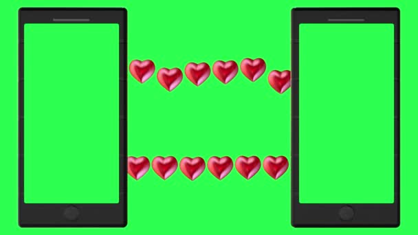 Two Smartphones Green Screens Red Hearts Concept Green — Stock Video