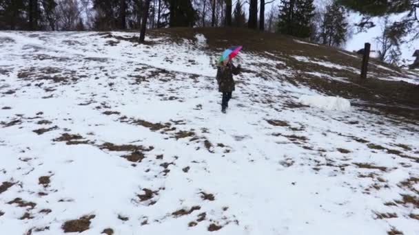 愉快的女孩与五颜六色的伞在冬天风景 — 图库视频影像
