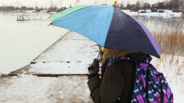 Маленькая Девочка Красочным Зонтиком После Школы Холодный Дождливый Зимний День — стоковое видео