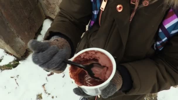 Child Eating Chocolate Pudding Close — Stock Video