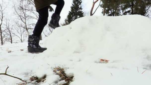 Ragazzina Vicino Mucchio Neve Fredda Giornata Invernale — Video Stock