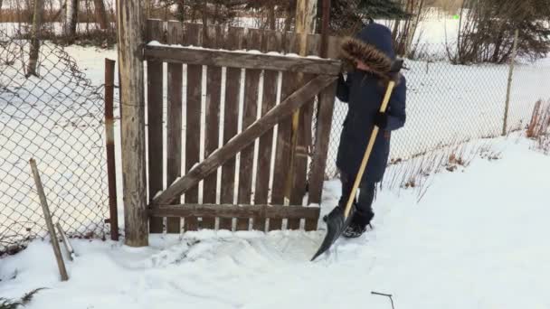 Vrouw Kan Tuin Wickets Wegens Ijs Sneeuw Openen Niet — Stockvideo