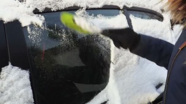 Mulher Limpeza Neve Coberta Carro Lado Janela — Vídeo de Stock