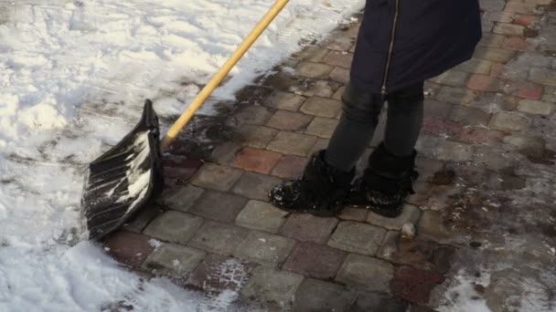 女看门人打扫雪堆的人行道 — 图库视频影像