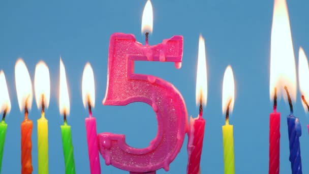Number Five Shaped Burning Candle Colorful Burning Candles — Stock Video