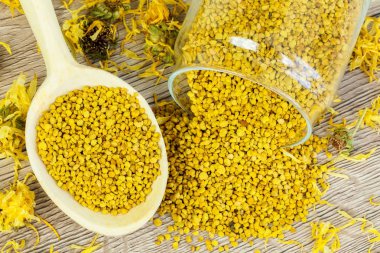 Ham arı poleni ve kuru calendula çiçeği. Alternatif tıp kavramı