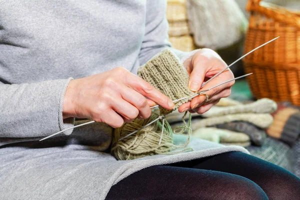 Woman Sitting Sofa Knitting — Stock Photo, Image