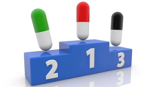 Drie Verschillende Pillen Het Podium Medicine Concept — Stockfoto