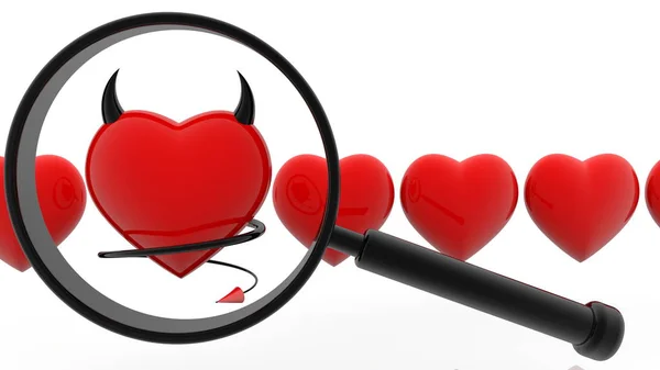 Koncept Förstoringsglas Och Röda Hjärtan — Stockfoto