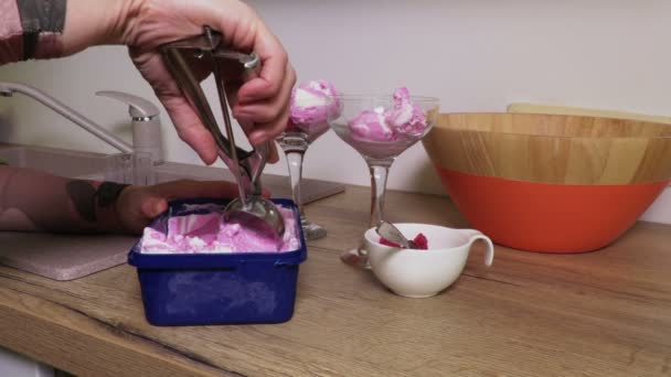 Woman Add Ice Cream Bowls — Stock Video