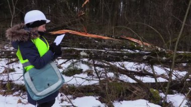 Orman işçisi kadın tahrip edilmiş ormanı inceliyor.