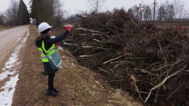 Female Forestry Inspector Take Pictures Smart Phone Pile Felling Bushes — Stock Video