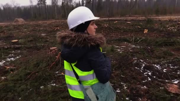 Empleada Forestal Bosque Destruido Día Nevado Invierno — Vídeo de stock