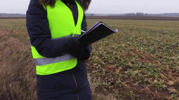 Γυναίκα Αγρότης Γράφει Κοντά Στον Τομέα Του Βιασμού Χειμώνα — Αρχείο Βίντεο