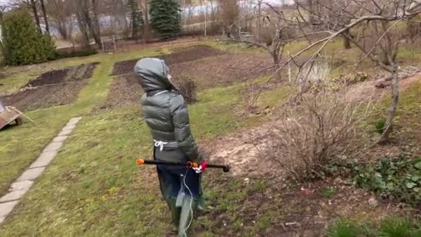 Vrouw Tuinman Met Tak Cutter Buurt Van Apple Tree — Stockvideo