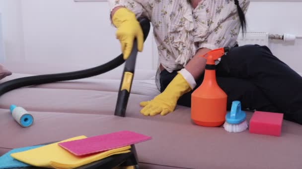 Woman Cleaning Couch Vacuum — Stock Video