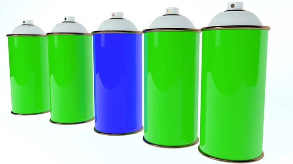 Rij Van Kleur Spray Blikjes Blauwe Groene Kleuren — Stockfoto