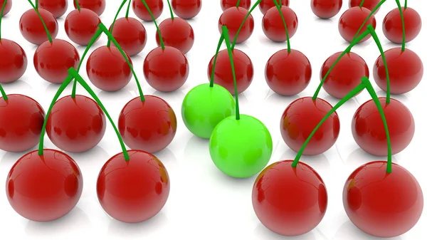 Concept Red Green Cherries White Background — Stock Photo, Image