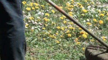 Çim biçme makinesi adam bir düzeltici ile çim kesti