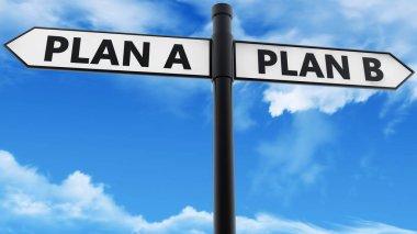 Mavi gökyüzünde Plan A ve B Planı konsepti ile Crossroad Tabela