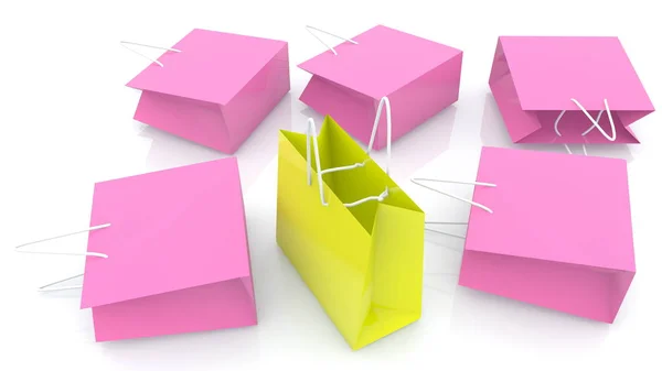 Komposition Aus Rosa Und Gelben Einkaufstaschen Auf Weißem Grund — Stockfoto