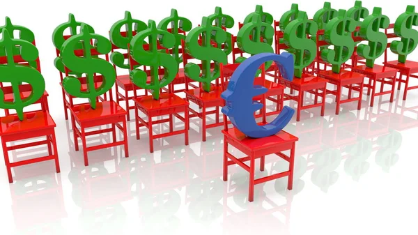 Kırmızı Sandalyelerde Yeşil Dolar Mavi Euro Işaretleri — Stok fotoğraf