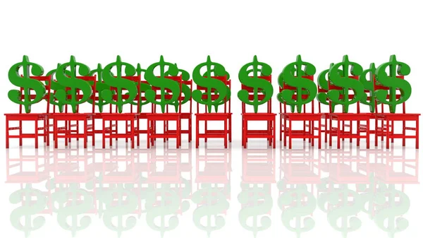 Rows Green Dollar Signs Red Chairs — Stock Photo, Image