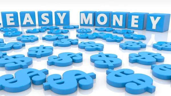 Easy money concept on blue cubes with dollar signs around