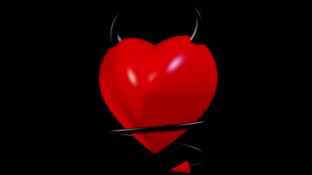 Движущееся Красное Сердце Рогами Хвостом Черном Фоне — стоковое видео