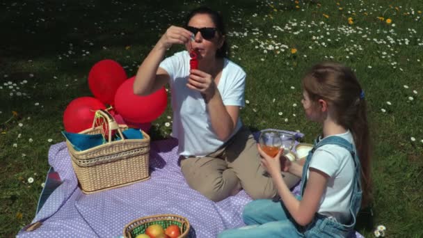 Glückliche Mutter Und Tochter Beim Picknick Freien Auf Der Wiese — Stockvideo