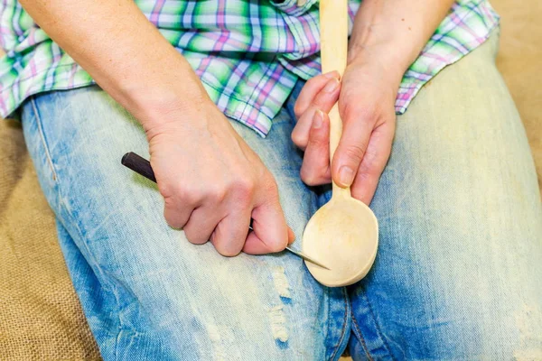 Woman Hands Carve Wooden Spoon — Stock Photo, Image