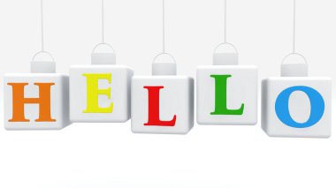 Merhaba kavramı ile beyaz renkli küpler asılı
