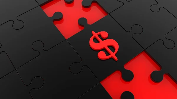 赤いドル記号の概念を持つ黒いパズル — ストック写真
