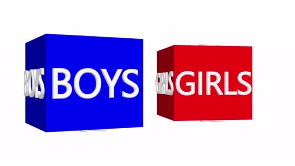 男の子と女の子のコンセプトオン赤と青キューブ上の白 — ストック動画