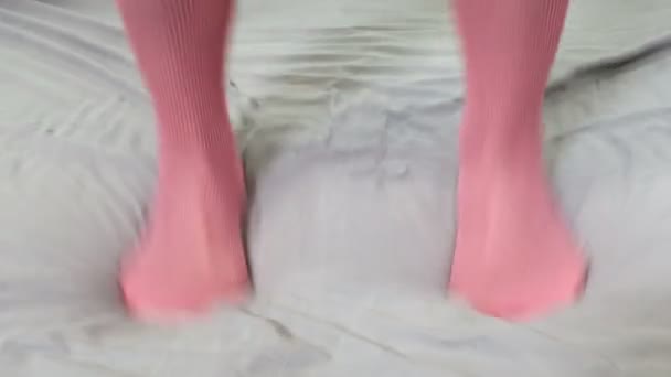 Closeup Feet Woman Jumping Bed — Stock Video