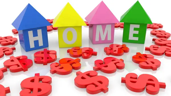 Home Concept Cubes Roofs Various Colors Red Dollar Signs — Stock Photo, Image