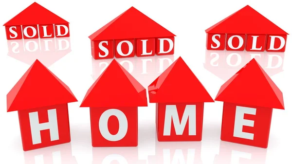 Haus Und Verkauft Konzept Auf Würfel Mit Dächern Roter Farbe — Stockfoto