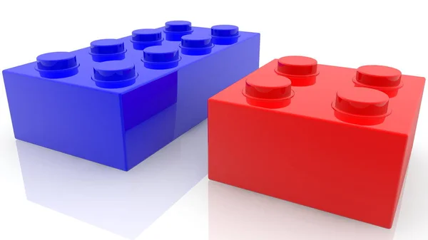 白に青と赤の色の2つのおもちゃのレンガ — ストック写真