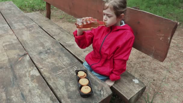 Dziewczynka Butelką Napoju Bezalkoholowego Ciasteczkami Parku Ławce — Wideo stockowe